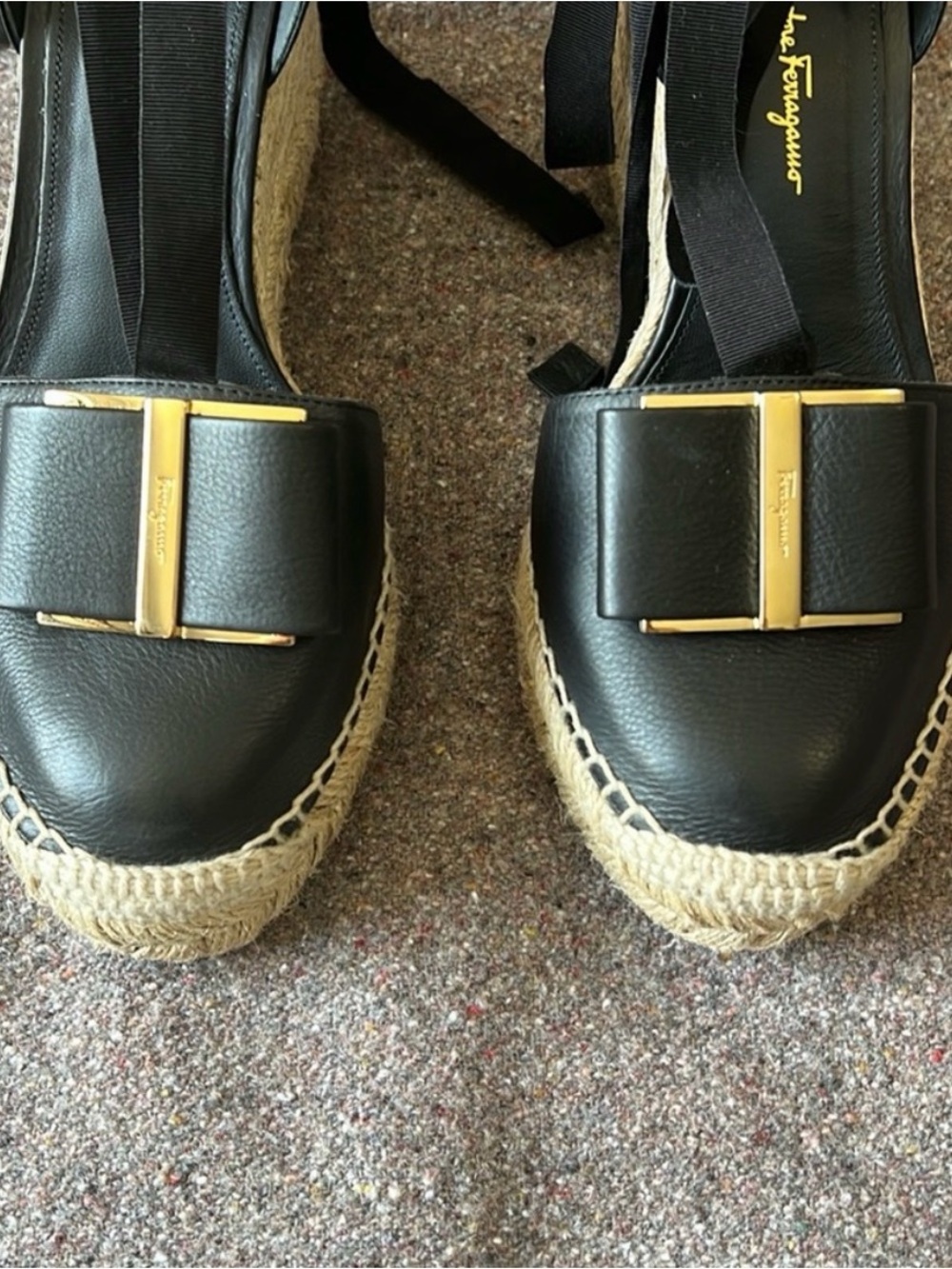 Salvatore Ferragamo Black Leather Geranio Espadrille Wedges with Ribbon Tie - Picture 6 of 10